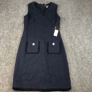 Karl Lagerfeld Paris Dress Size2NWT Navy Blue Tweed Fringed Pockets Jewel Button